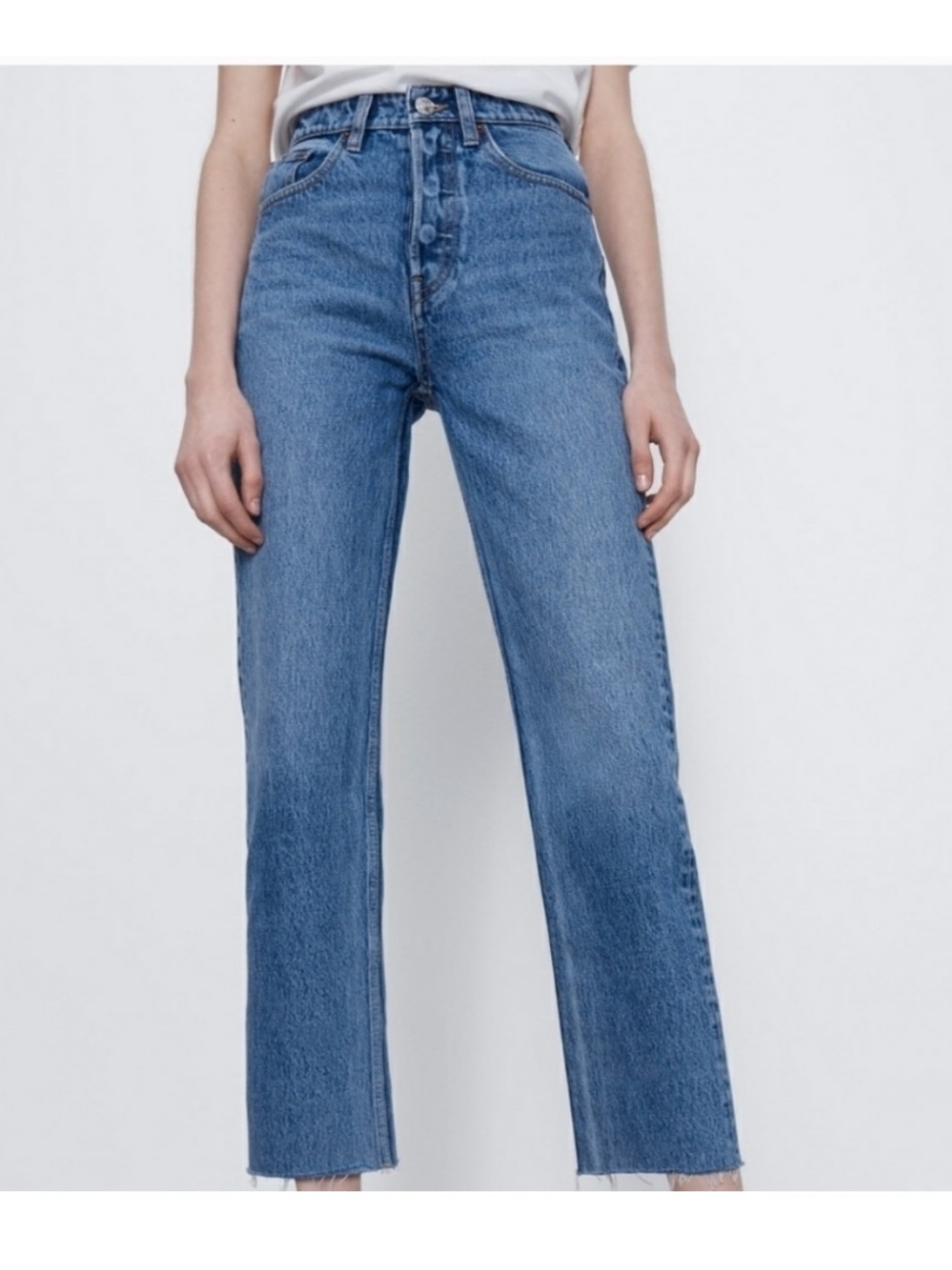 Zara Jeans - medium blue “The Real High Rise Straight” distressed w/raw hem